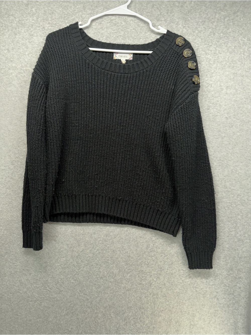 Pink Rose Black Crewneck Sweater with Shoulder Button Detail